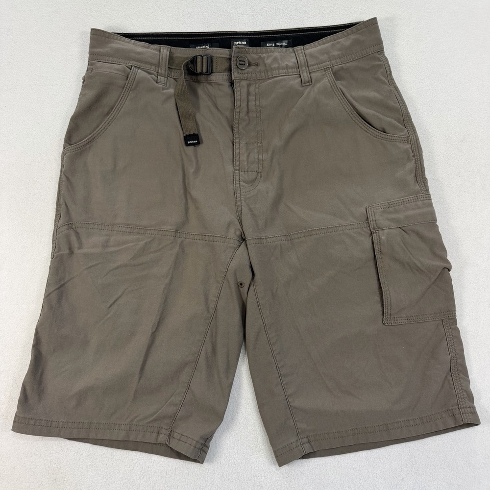 PrAna Zion Cargo Shorts Mens 32x12 Khaki Performance Stretch Belted Nylon Logo